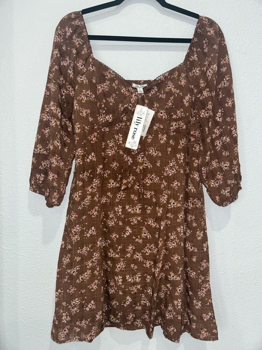 Lily Rose Brown Dress with Pink Floral Print
